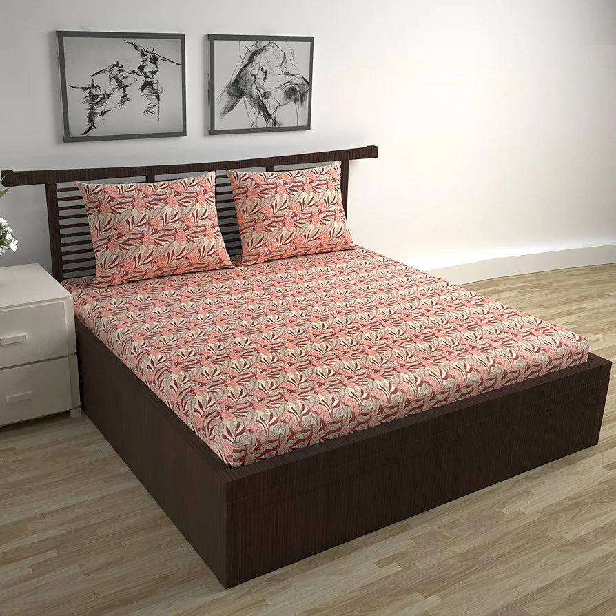 Divine Casa 144 TC 100% Pure Cotton Queen Size Double Bedsheet with 2 Pillow Covers | Soft, Durable & All-Weather Comfortable Easy Care Sheet | Size 222 x 254 CM | Floral Breeze | Coral Beige