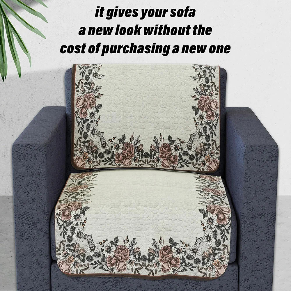 Kuber Industries Sofa Cover Set | 5-Seater Couch Cover | Net Velvet Sofa Slip Cover Set | Sofa Slipcover Set | Sofa Cover for Living Room | Brown Gulab Border Crown Sofa Cover | Cream