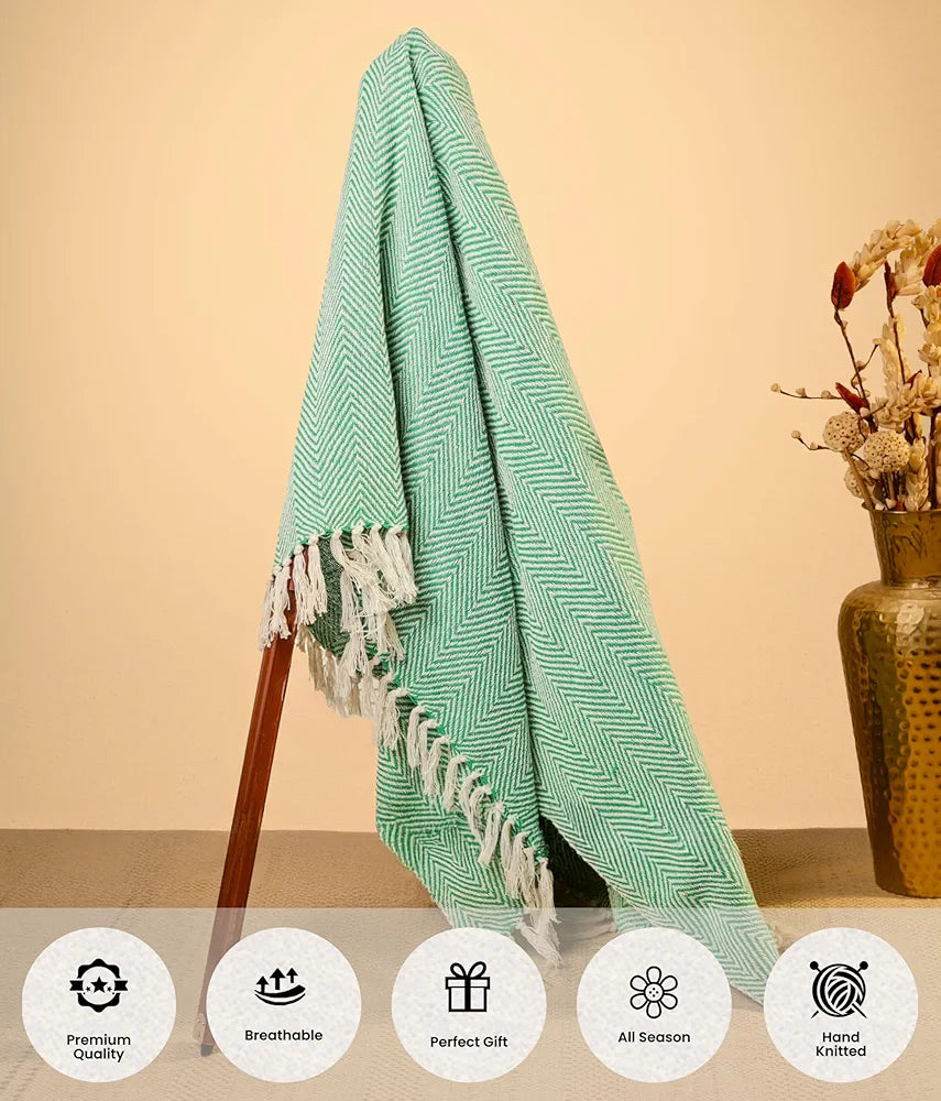 SAJAVAT HOME Hand-Knitted Pure Cotton 3 Seater Sofa Throw | 80x52 Inches/204x132 Cm | Green Throw for Sofa, Bed, Chair & Travel - Ideal for All Season | Pack of 1
