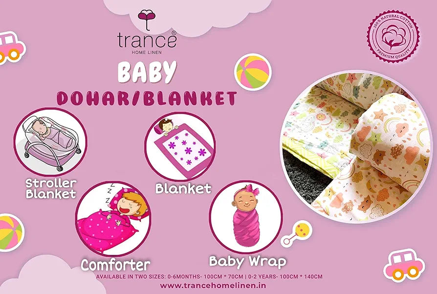 Trance Home Linen® Pure Malmal Cotton Multipurpose Baby Dohar | 3-Layered Baby Swaddle | Soft -Lightweight Baby dohar | Crib Blanket 