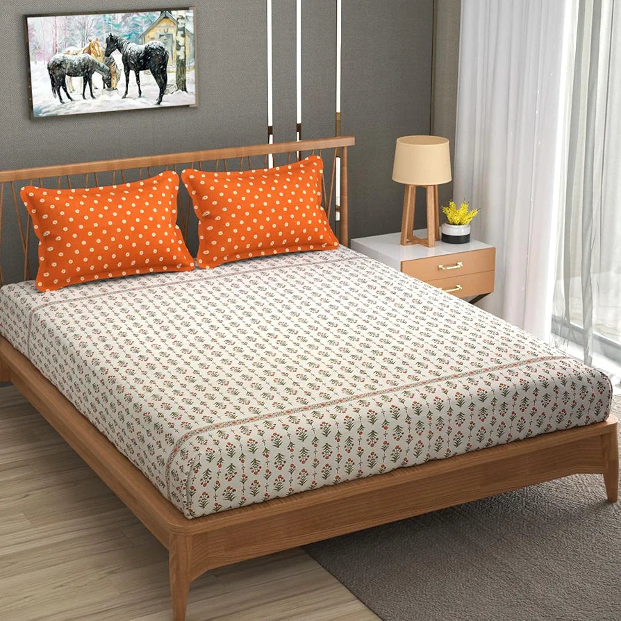 Homefab India 210 TC Glace Cotton King Size BedSheet with 2 Pillow Covers - 108x92 inches - Floral, Orange