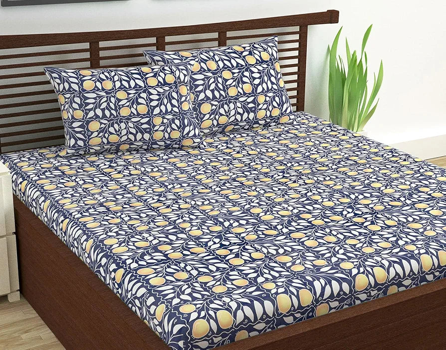 Divine Casa Double Size Bedsheet for Double Bed, 144 TC Pure Cotton Queen Size with 2 Pillow Covers | 222 by 254 cm | Floral | Navy & Orange