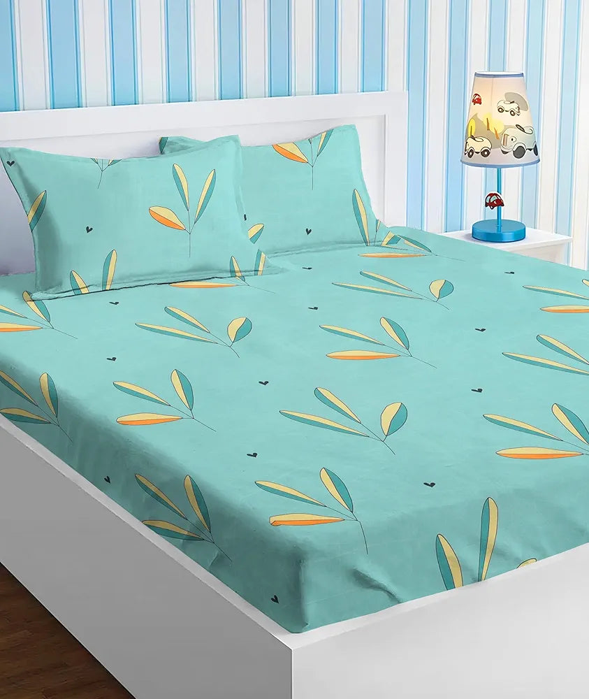 HOMEKART Premium Cotton Elastic Fitted Bedsheets with 2 King Size Pillow Covers Double Bed with All Around Elastic Supersoft Size - 72 x 78 +10 inches Floral Pattren Aqua Blue 200 tc - 220 tc