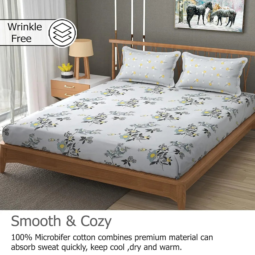 FRESH FROM LOOM Floral XXL Microfiber Soft Cotton King Size Bedsheet for Double Bed |240 TC Hypoallergenic Soft Bed Sheet with 2 Pillow Cover | Anti Fade Printed Bed Cover 