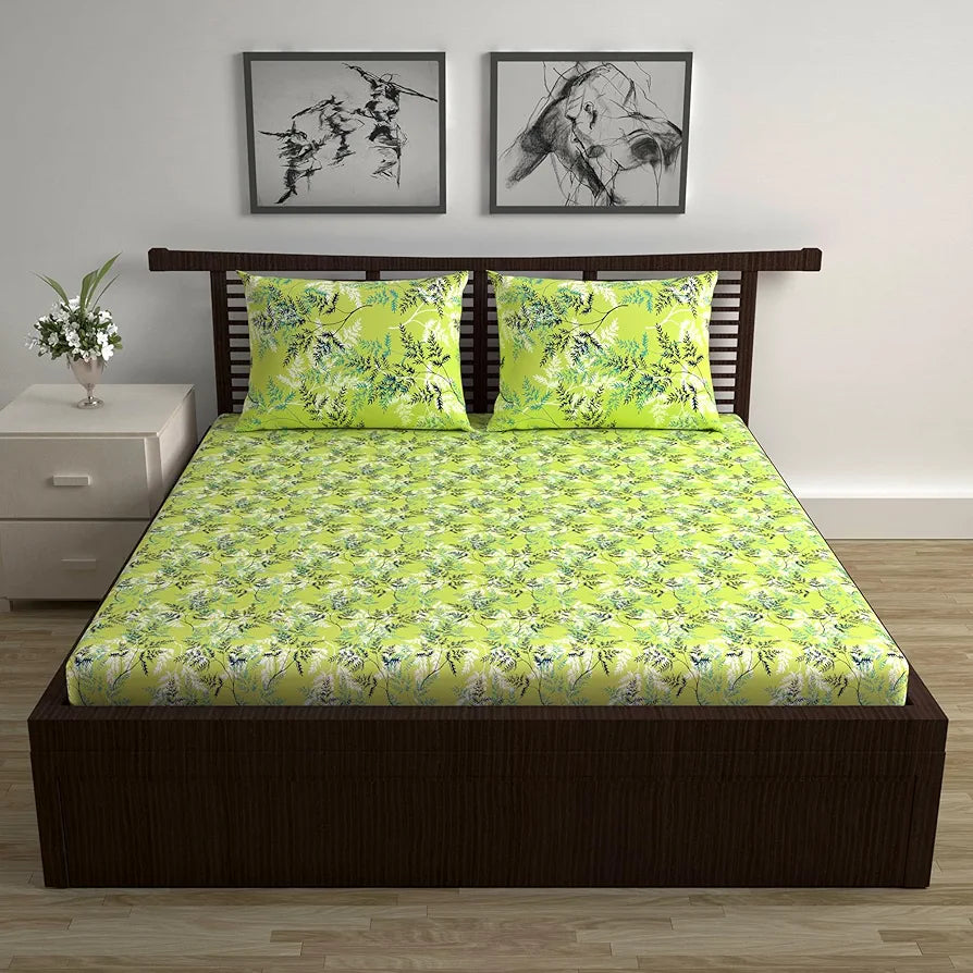 Divine Casa 144 TC 100% Cotton Double Bedsheet with 2 Pillow Covers | Skin-Friendly Fabric for Everyday Comfort | 254 X 222 CM | Floral Pattern | Lime Breeze