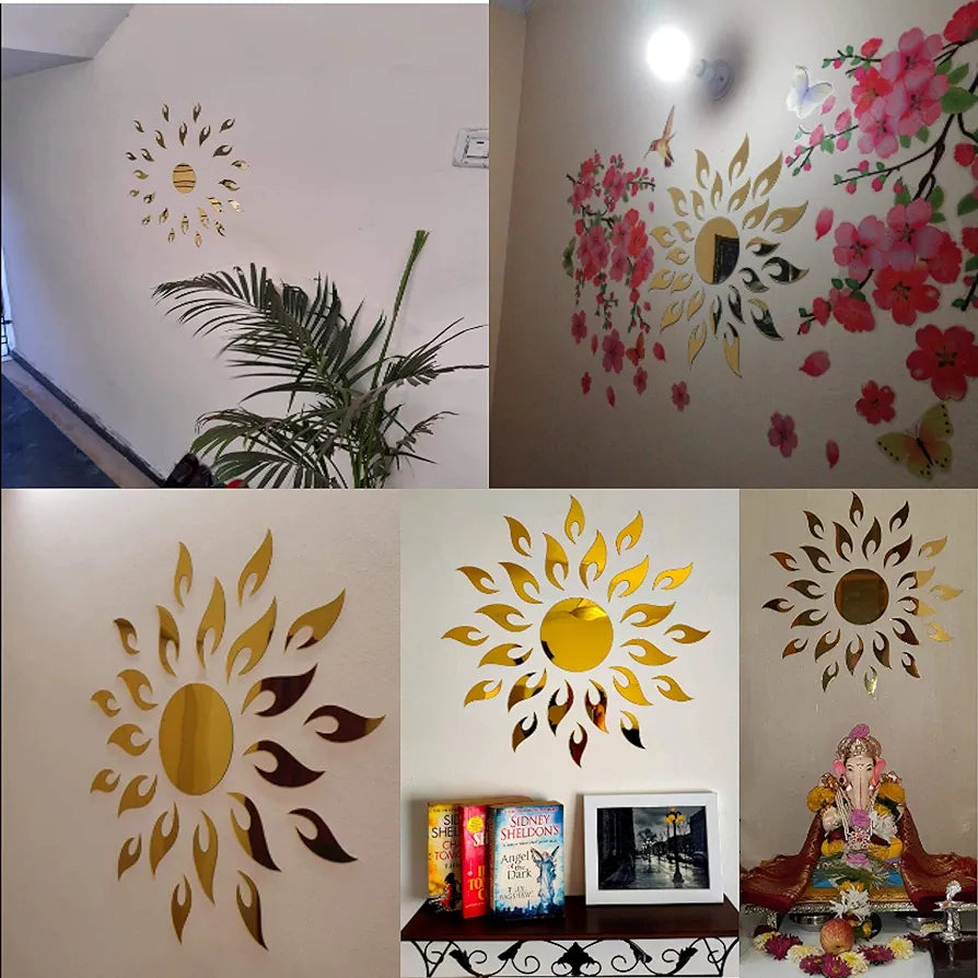 Bikri Kendra® - Sun Golden with Golden 20 Butterfly- 3D Acrylic Decorative Mirror Wall Sticker, Wall Mirror Stickers 3D Acrylic Stickers for Home & Offices, Animal, Pack of 21-reusable