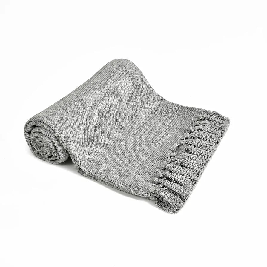 SASHAA WORLD Solid Grey Cotton Throw for Sofa | Ultra-Soft & Cozy Blanket | 100% Cotton | Decorative Fringed Couch Cover | 180 x 130 cm | Machine Washable