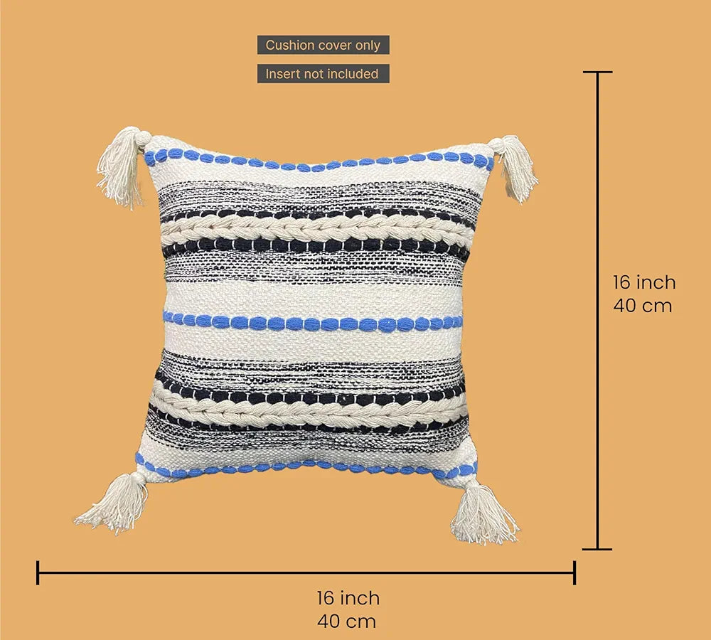 SAJAVAT HOME Cotton Cushion Cover 16X16 Inches  – Soft Decorative Cushion Cover for Sofa, Bed, or Chair – Old White & Blue, Pack of 1