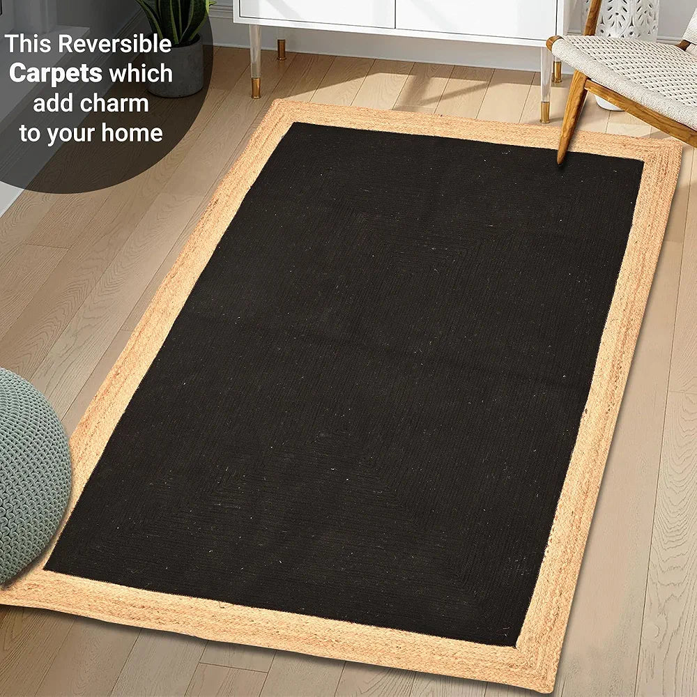 Kuber Industries 3x5 Feet Reversible Carpets for Living Room | Machine Washable Bedside Floor Rugs Mat for Bedroom, Balcony & Drawing Room | Border - Black & Beige