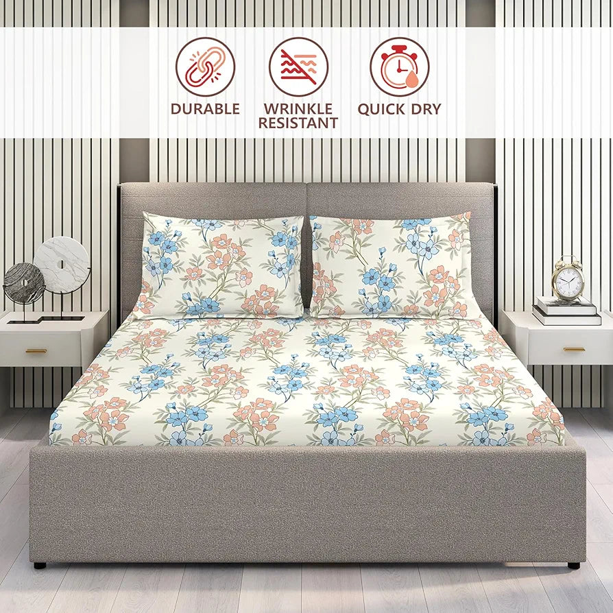 Layers Basicx 100% Cotton Bedsheet Set for All Seasons - Lightweight, Moisture Absorbent, Machine Washable & Easy to Care - Gift for Housewarming & More - 120 TC - Queen Size 