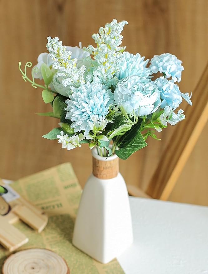SATYAM KRAFT 1 Pcs Artificial Multiflora Fake Flowers Sticks Bunch Decorative Items for Home, Living Room Decoration Plants, Wedding(Without Vase) (Light Blue) Fabric