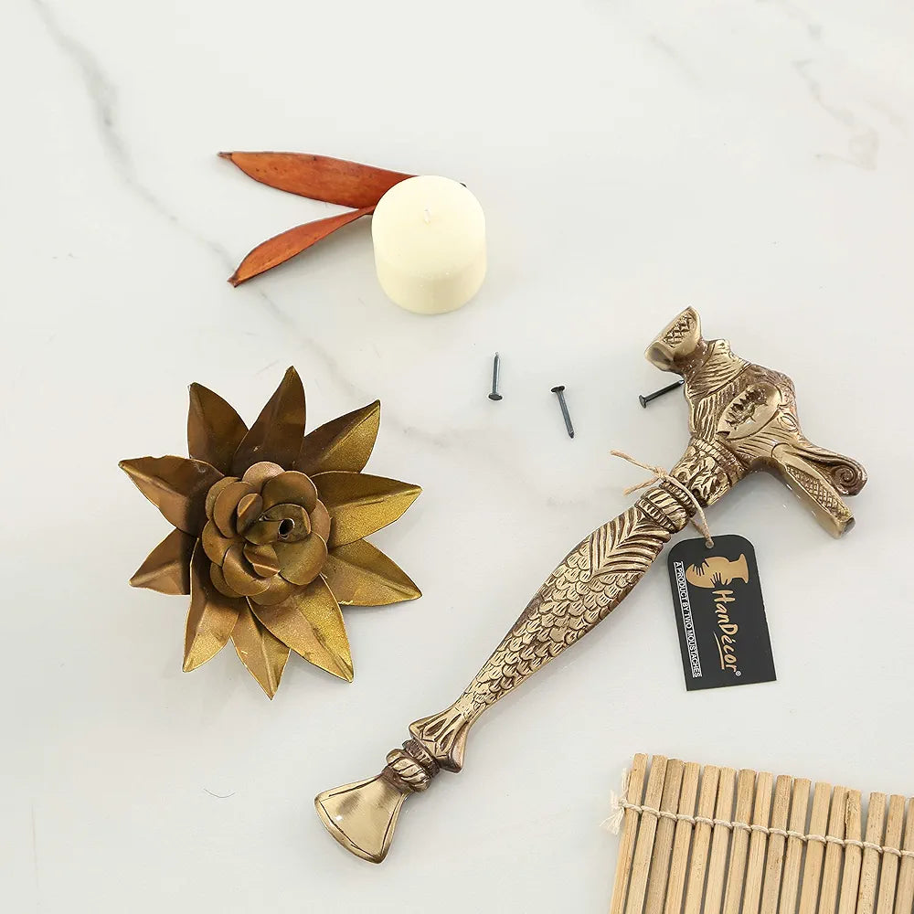 Two Moustaches Brass Hammer Decorative Showpiece, Antique Yellow, Standard, Brown, Pack Of 1