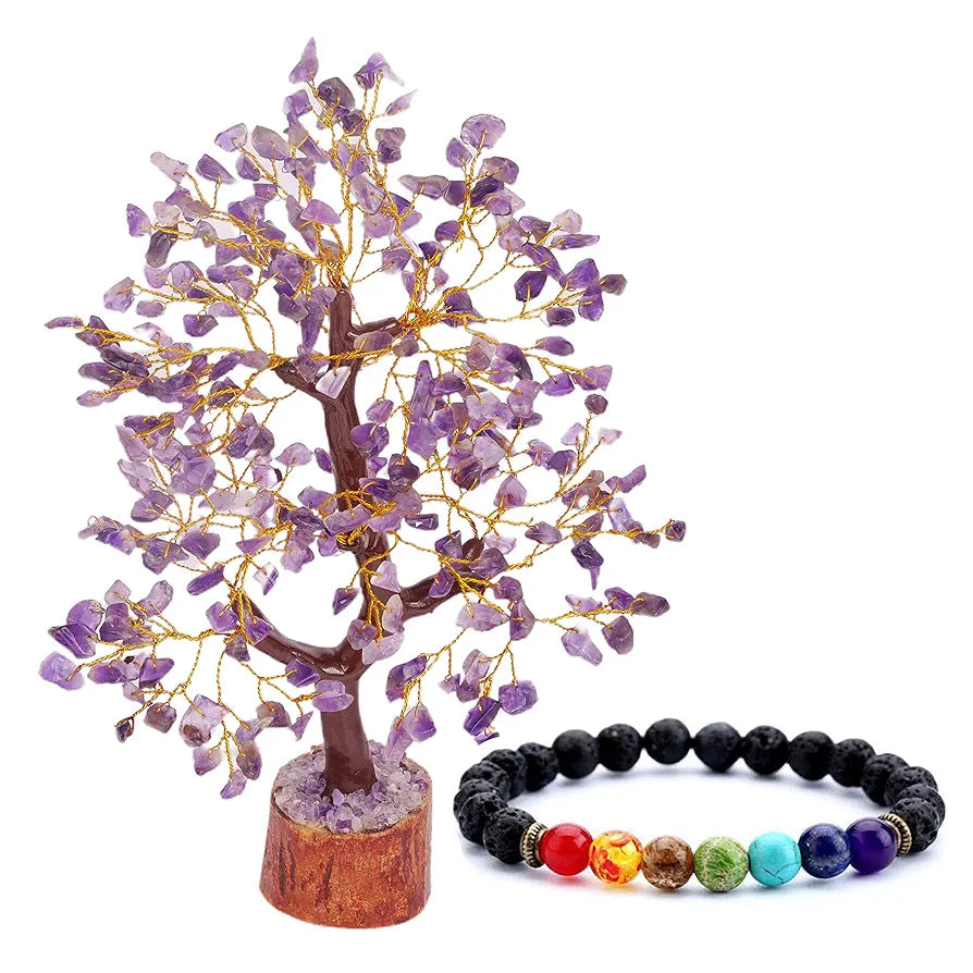 Reikved Amethyst Crystal Natural Semi Precious Gemstone Bonsai Money Tree with 300 Beads Chakra Bracelet for Reiki Healing Good Luck 
