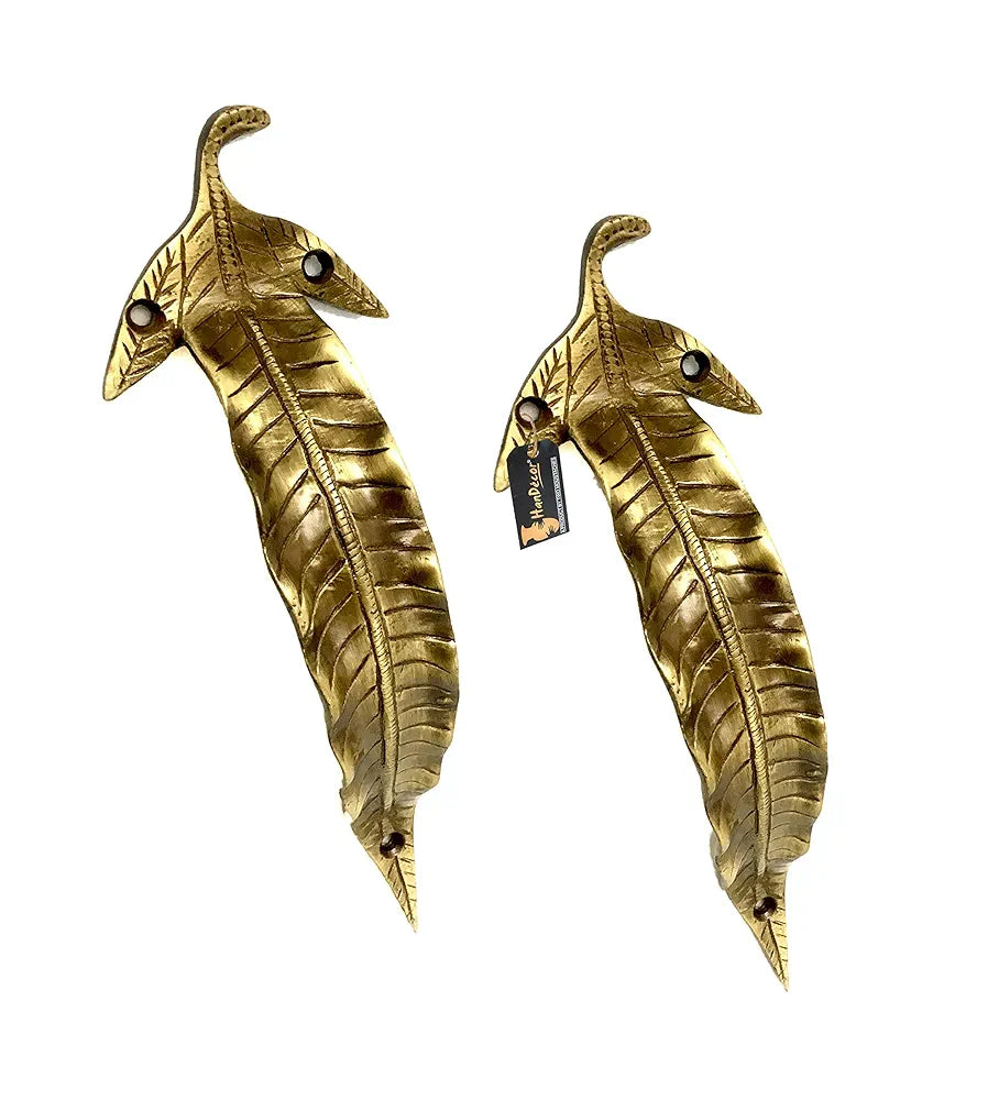 Two Moustaches 7 Inches Leaf Design Brass Door Handle Pair, Brass Pull Handles, Main Door Handle Pairs, Standard, Pack of 2