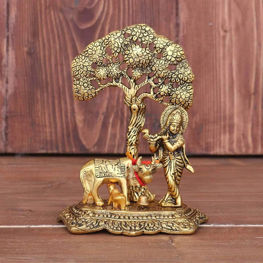 UAPAN MetalCraft Metal Decorative & Gifts Krishna with Cow Standing Under Tree Plying Flute 