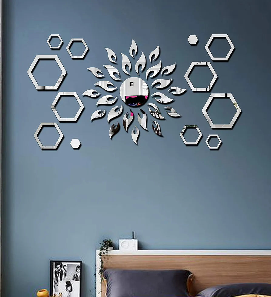 Bikri Kendra - Art BK71, Sun with Hexagon Ring 2 Set - 3D Acrylic Mirror Stickers for Wall 