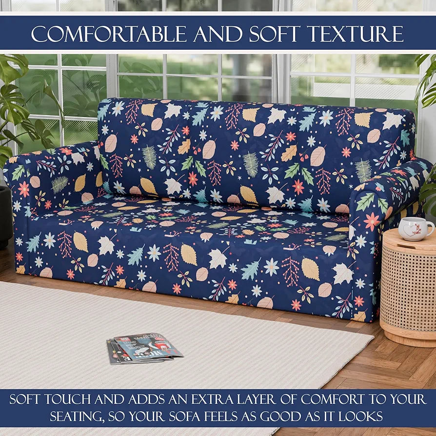 Kuber Industries Elastic Sofa Cover 3 Seater - Stretchable Couch Slip Cover in Leaf Pattern for Living Room/Hall - Blue