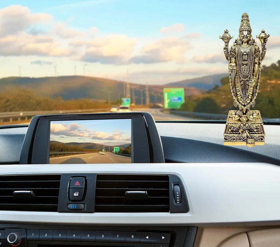 Gold Art India Lord Tirupati Balaji Gold Plated Matte Idol with Garuda for Car Dashboard | Vishnu Ji Idol for Office Desk | Venkateswara Swamy Murti for Home | Srinivasa Statue for Mandir 