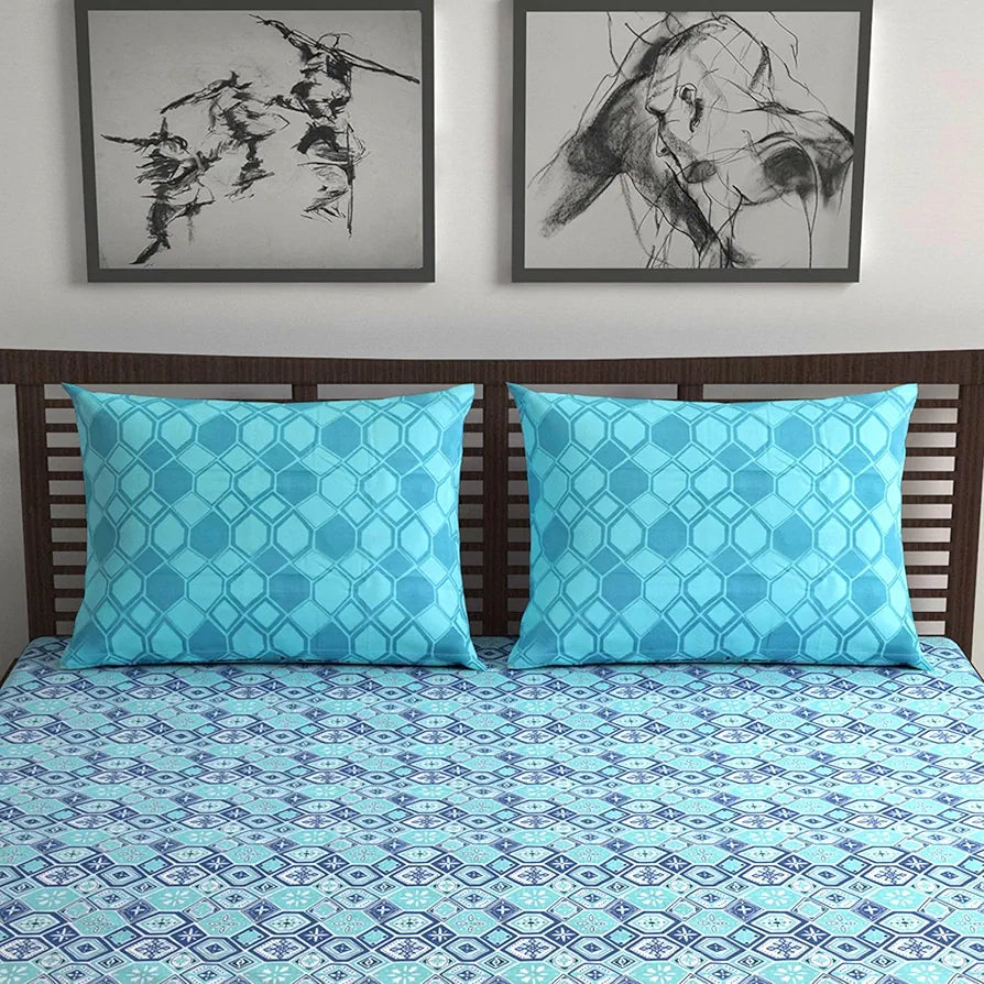 Divine Casa 144 TC 100% Pure Cotton Double Bedsheet with 2 Pillow Covers | Soft & Skin-Friendly Fabric for Everyday Comfort | All-Season Use | Size 222 x 254 CM | Geo Nordic Hexa | Ice Aqua Blue