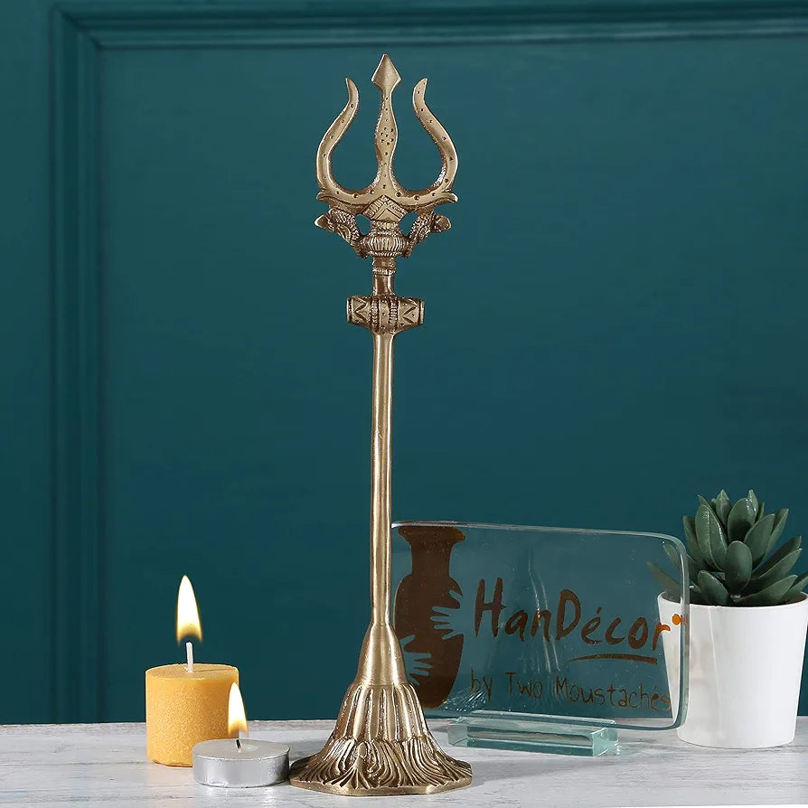Two Moustaches Brass Shiva's Trishul with Damru Decorative Showpiece Figurine, Brown, 11 Inches, Standard, Pack of 1