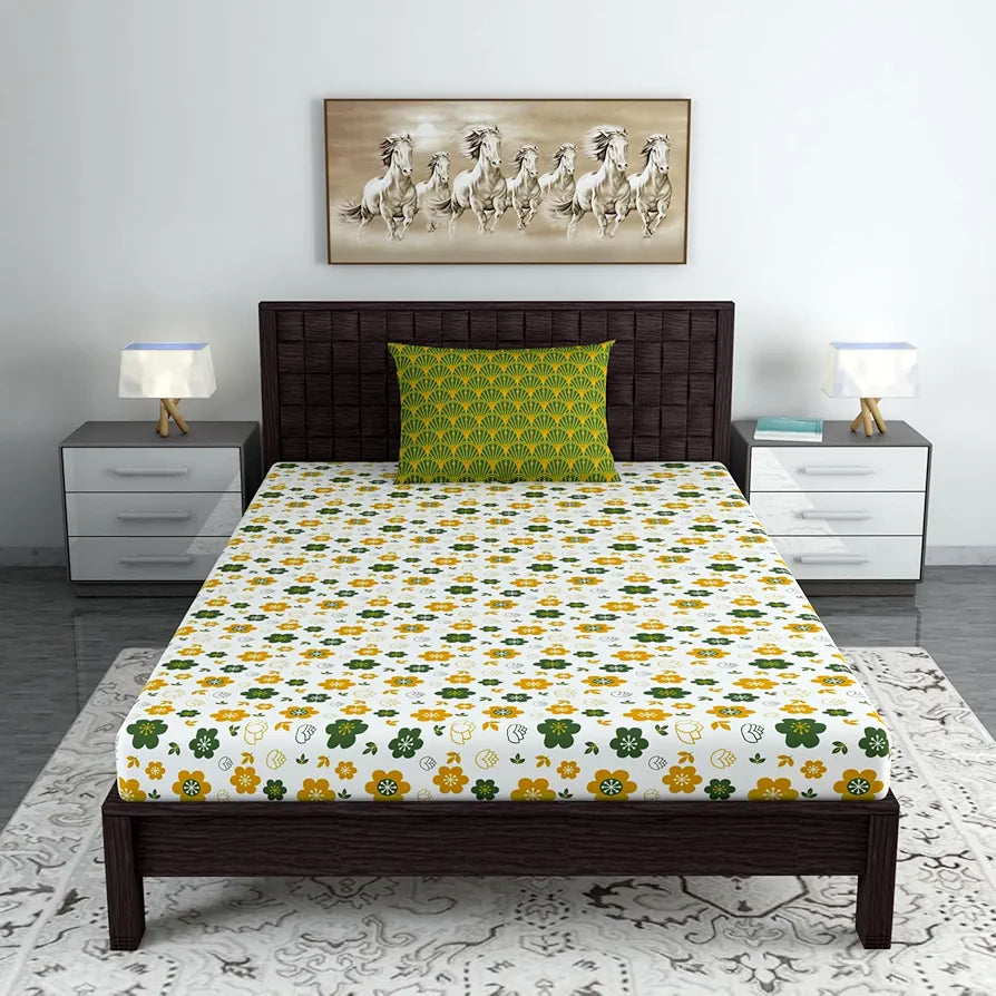 Divine Casa Bedsheet for Single Size Bed 144 TC Cotton Bedsheet for Single Size Bed with 1 Pillow Cover  Floral Mustard Green Cotton Bedsheet