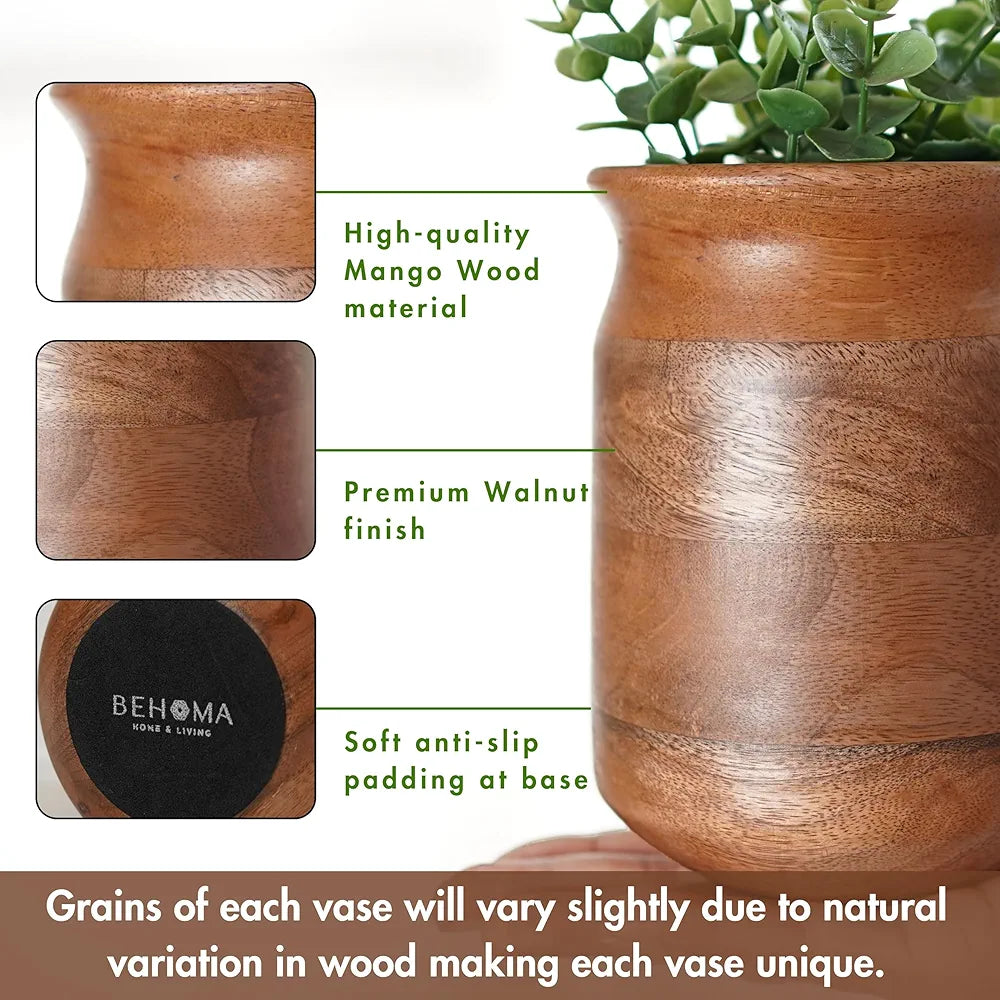 Behoma Flower Vase, Jar Shape Mango Wood Vases for Flowers for Decor Home Living Room Kitchen Office, Walnut Brown Finish | Height - 6.1 inch 