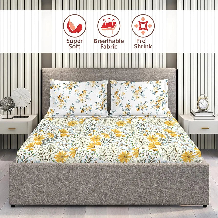 Layers Illuminating Homes 100% Cotton Bedsheet Set for All Seasons - Lightweight, Moisture Absorbent, Machine Washable & Easy to Care - 144 TC - Queen Size 