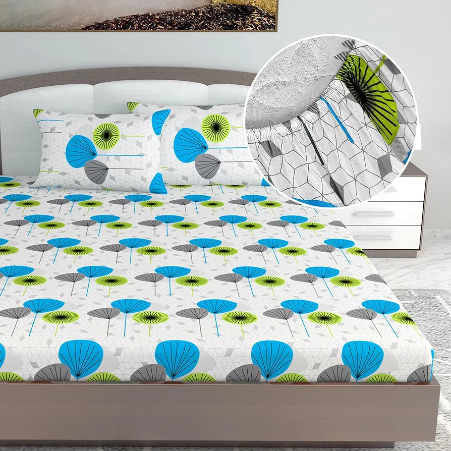 Divine Casa 144 TC 100% Cotton Floral Print White Summer Bedsheet Elastic Fitted King Size Bed - 78 x 72 Inches