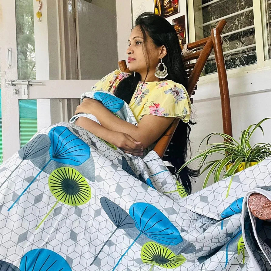 Divine Casa 100% Cotton Reversible Lightweight Printed Single Bed AC Dohar Blanket | White & Blue, Size 140 x 210 cm