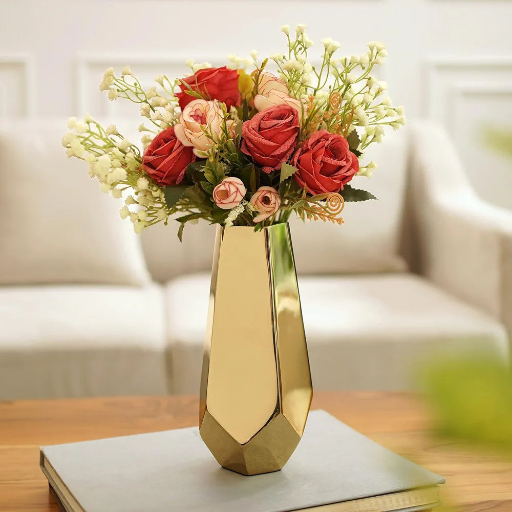 Behoma Designer Stainless Steel Prism Glow Flower Vase | Modern Design Flower Vase for Home Decor | Center Table Decorative Item for Living Room, Dining Table, Office, Bedroom | Golden