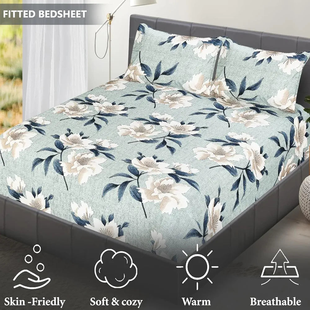 FRESH FROM LOOM Elastic Fitted Floral Bed Sheets|Hypoallergenic Soft Glace Cotton Fitted Bedsheet King Size Bed With Two Pillow Cover|Bed Covers For Mattresses Tuck In,144 TC