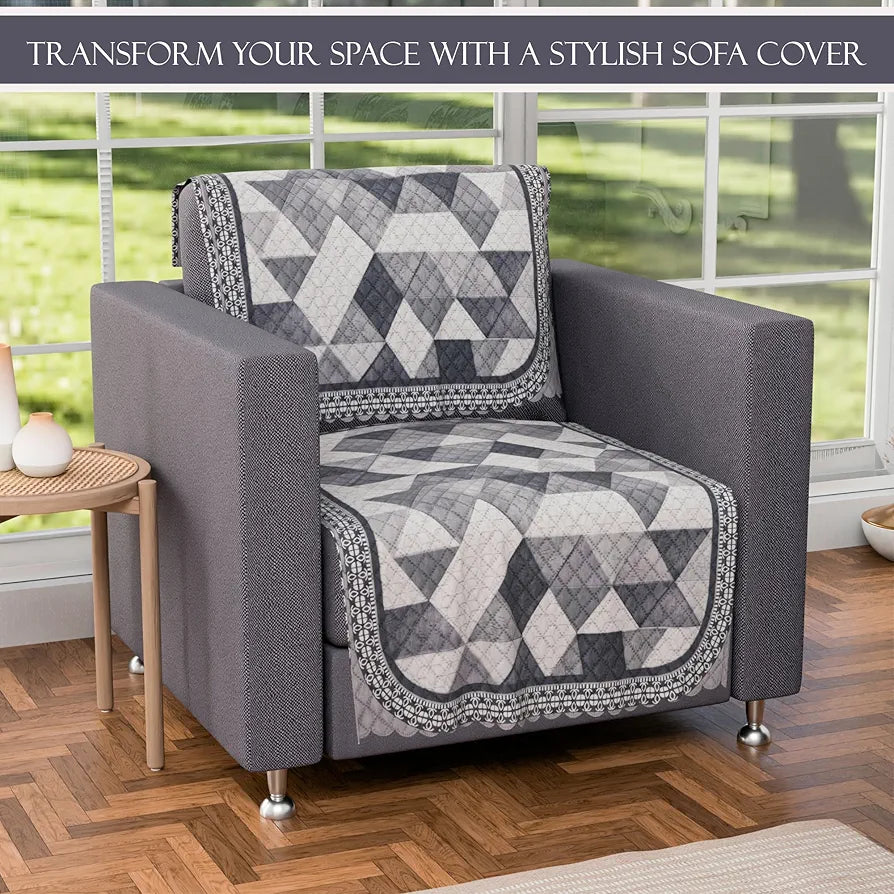 Kuber Industries Set of 10 Anti-Skid Sofa Cover 5-Seater | Comfortable Slipcover Sofa Cloth & Furniture Protector for Home Decor | Triangular Ultra Sonic BMW-White Grey