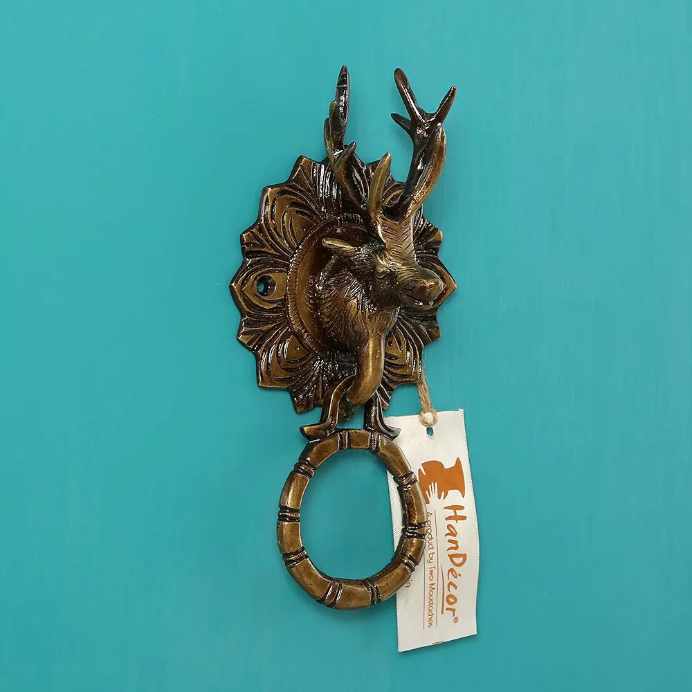 Two Moustaches Reindeer Face Brass Door Knocker