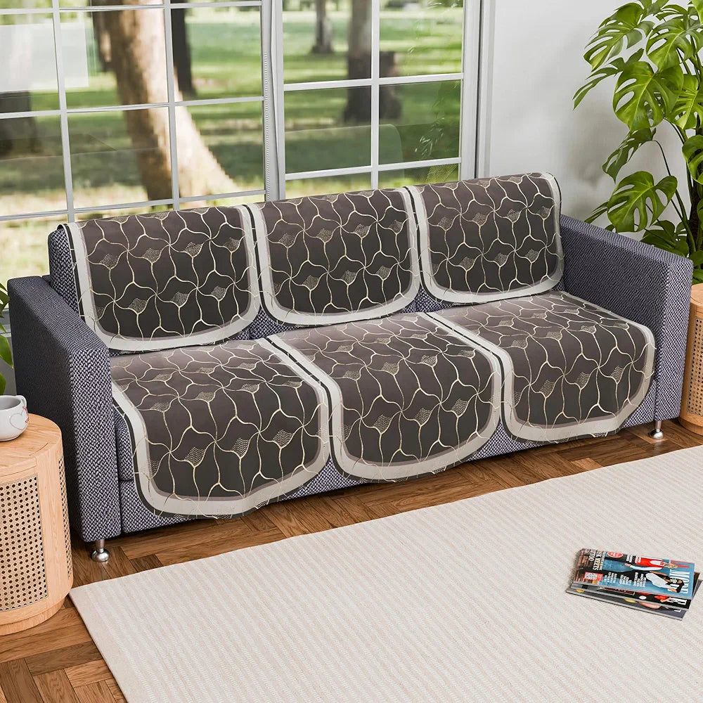 Kuber Industries Set of 6 Durable 3 Seater Sofa Cover for Living Room | Easy Machine Washable Sofe ke cover for Protection & Comfort for Home Furniture | Arabica Look - Brown & Golden Foil