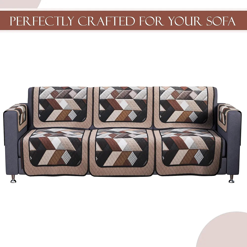 Kuber Industries Set of 16 Velvet Anti-Skid Sofa Cover 5-Seater with Arm Cover | Comfortable Slipcover Sofa Cloth & Furniture Protector for Home Decor | Triangular-Cream & Brown