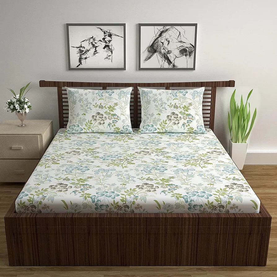 Divine Casa Double Size Bedsheet for Double Bed, 144 TC Pure Cotton Queen Size with 2 Pillow Covers | 222 by 254 cm | Floral | Mint Blue