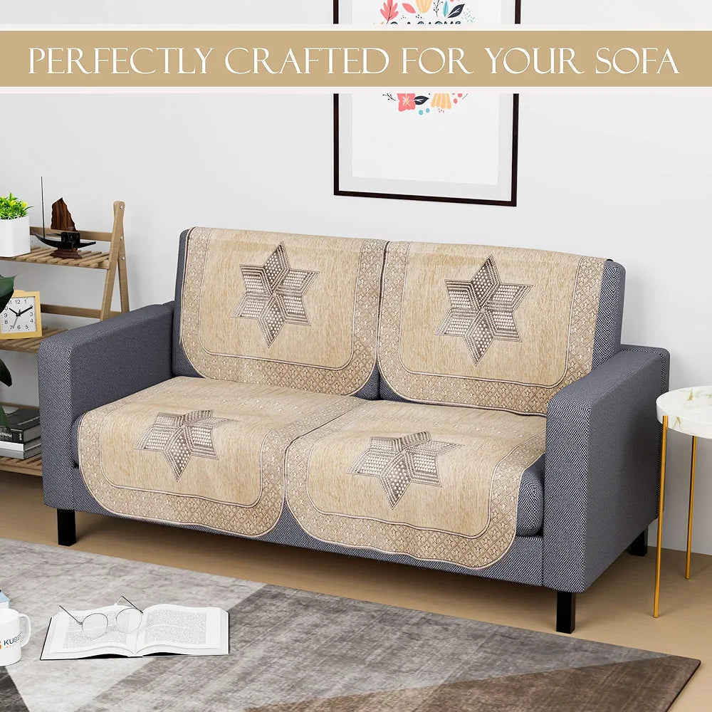 Kuber Industries Set of 4 Durable 2 Seater Sofa Cover for Living Room | Easy Machine Washable Sofe ke cover for Protection & Comfort for Home Furniture | Star Print - Cream & Brown