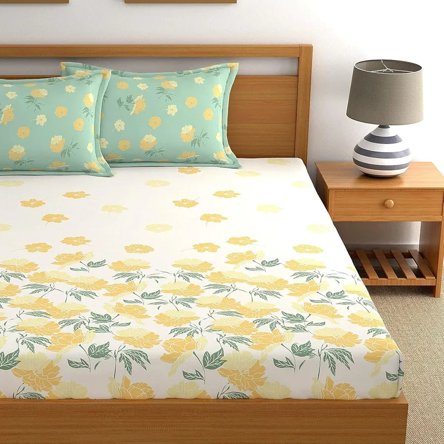 Dreamscape 100% Cotton Floral King Fitted Bedsheet with 2 Pillow Covers - 