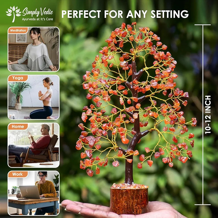 Simply Vedic Chakra Red Carnelian Crystal Tree|for Positive Energy,Good Luck|Natural Healing Gemstones Moneytree Feng Shui,Spiritual Gift,Home Decor|Handmade by Traditional Artist,8 cm,26 Cm