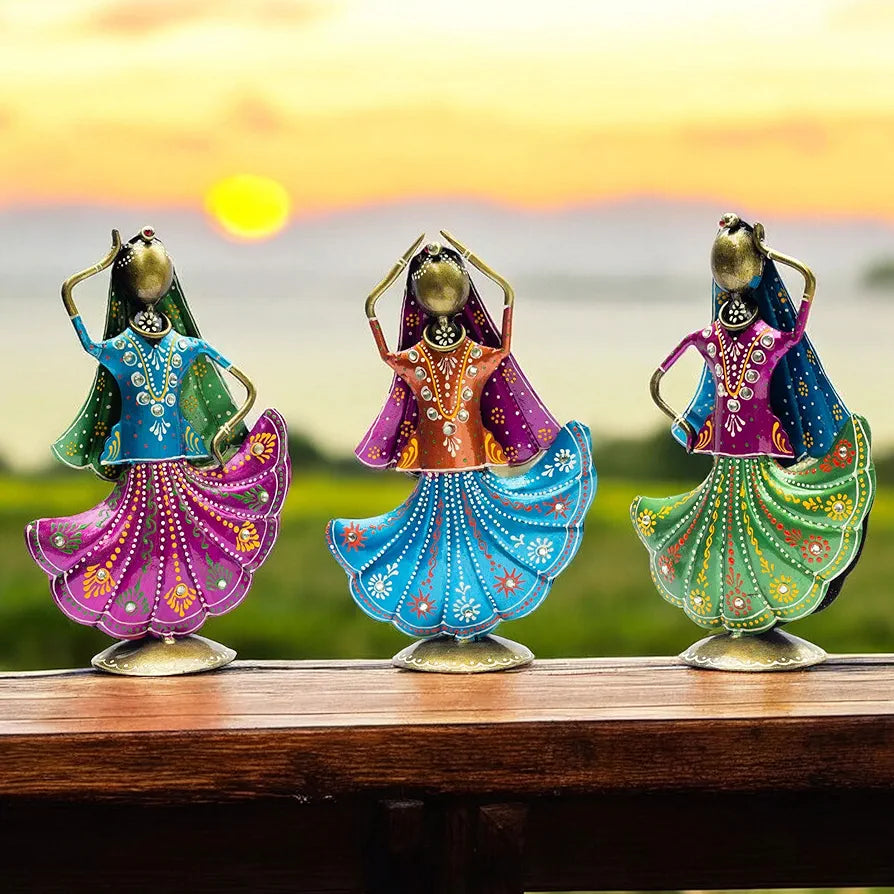KRAFTSKALA Set of 3 Metal Figurine Dancers Home Decor Item for Living Room, Bedroom, Wedding Festive Housewarming Gift Showpiece Rajasthani Dancing Dolls