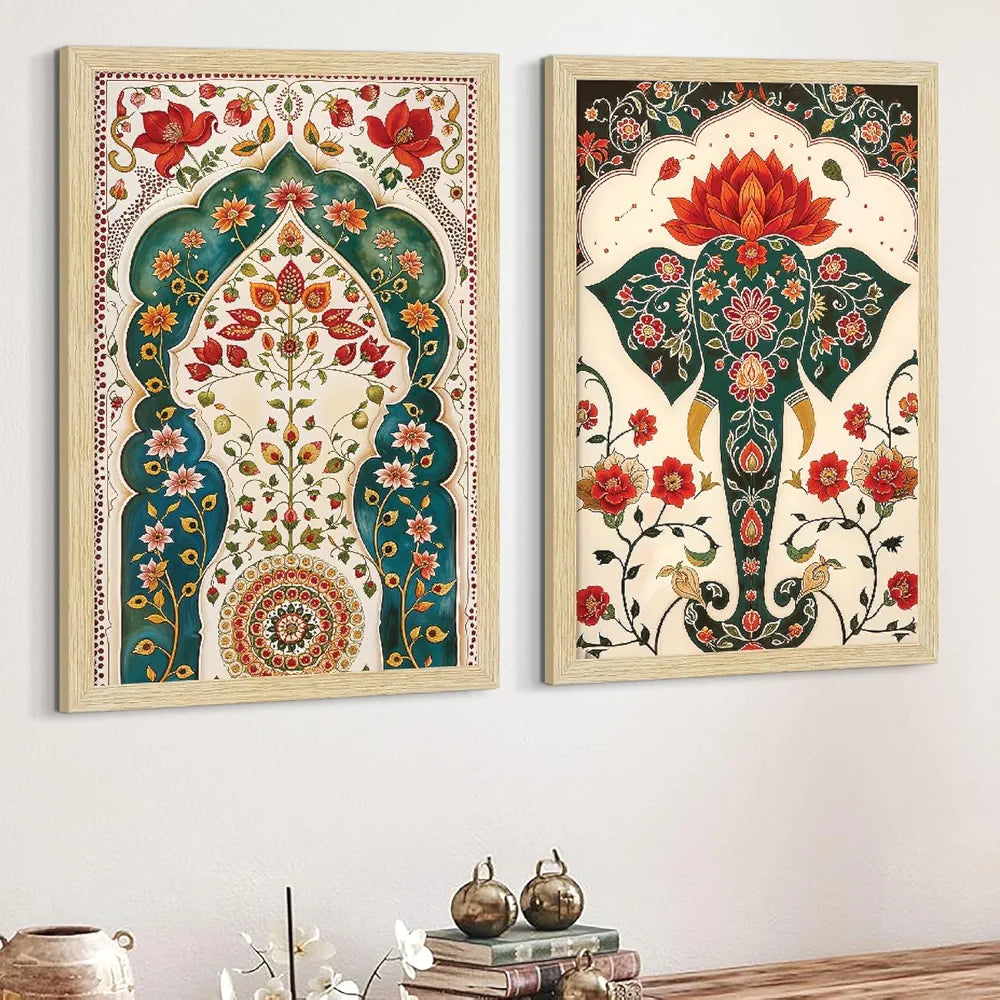 ArtX Paper Madhubani Art Paintings with Frame for Home Decor, Floral Wall Painting for Living Room, Multicolor, Natural Wood Color Frames, Set of 2
