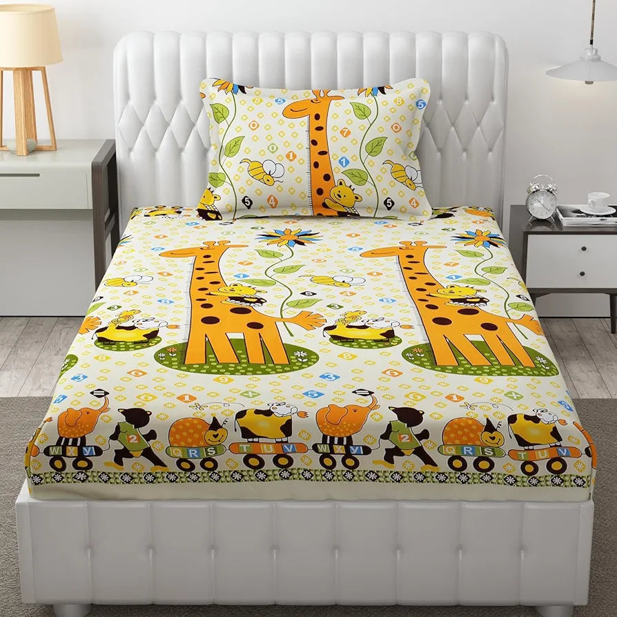 FRESH FROM LOOM Glace Cotton Wrinkle Free Soft Hypoallergenic Bed Sheet|Cartoon Printed|Single Bedsheet With One Pillow Cover Kids Bedsheet For Boys&Girls Room,144 tc,Multicolor