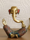 Ecraftindia Handcrafted Meditating Brass Lord Ganesha Idol With Golden Colorful Stone Work | Spiritual Ganesha Statue for Puja Room