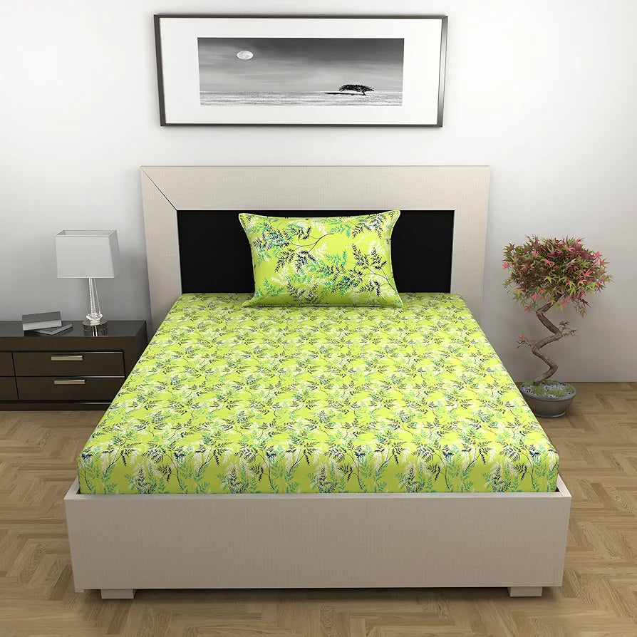 Divine Casa Bedsheet for Single Size Bed 144 TC Cotton Bedsheet for Single Size Bed with 1 Pillow Cover  Floral Lime Breeze Cotton Bedsheet