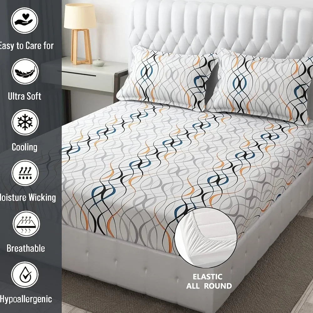 FRESH FROM LOOM Soft Microfiber Fitted Floral Bedsheet King Size Bed With Two Pillow Cover | Bed Covers For Mattresses Tuck In | Elastic Fitted Bed Sheets | , 144 Tc