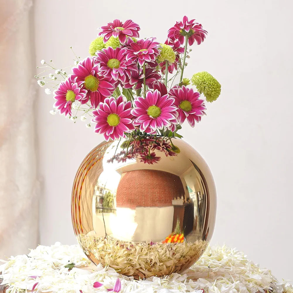 BEHOMA Metal Ball Round Flower Vase for Home Decor|Table Decorative Item for Bedroom Living Room Office Wedding | Best Gift for Birthday Anniversary Festival | Gold, Medium 