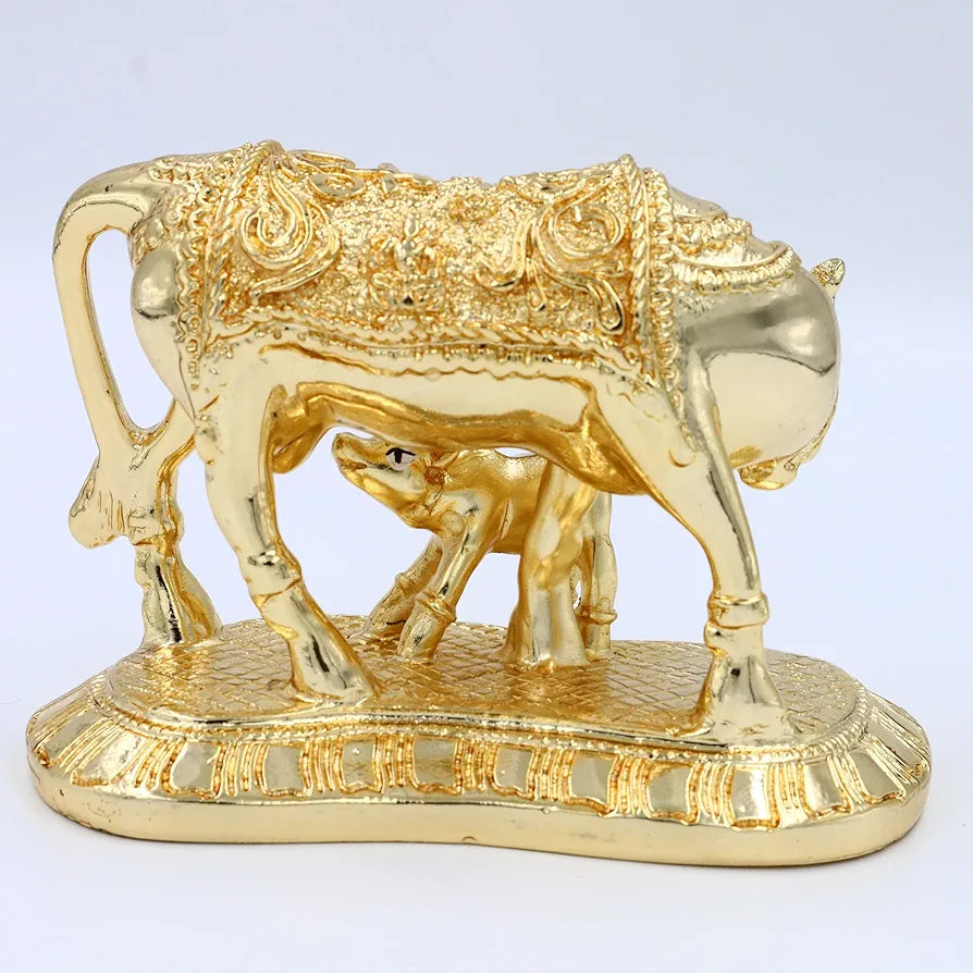 JAIPUR ACE Kamdhenu Cow with Calf Statue, Standard Size, Golden   