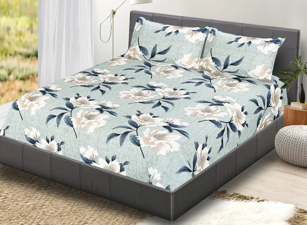 FRESH FROM LOOM Elastic Fitted Floral Bed Sheets|Hypoallergenic Soft Glace Cotton Fitted Bedsheet King Size Bed With Two Pillow Cover|Bed Covers For Mattresses Tuck In,144 TC