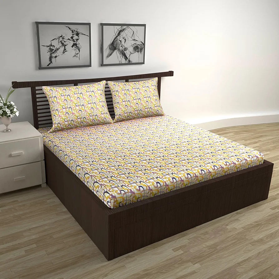 Divine Casa 144 TC Pure Cotton Double Size Bedsheet with 2 Pillow Covers | Soft, Durable for Everyday Use | All-Season Comfort & Elegant Bedroom Decor | 222 x 254 CM | Abstract Weave | Purple Yellow