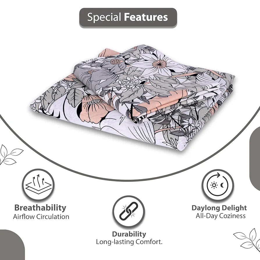 Divine Casa 144 TC 100% Cotton King Bedsheet with 2 Pillow Covers | Skin-Friendly Fabric for Everyday Comfort | 270 X 270 CM | Floral Pattern | Blush Grey